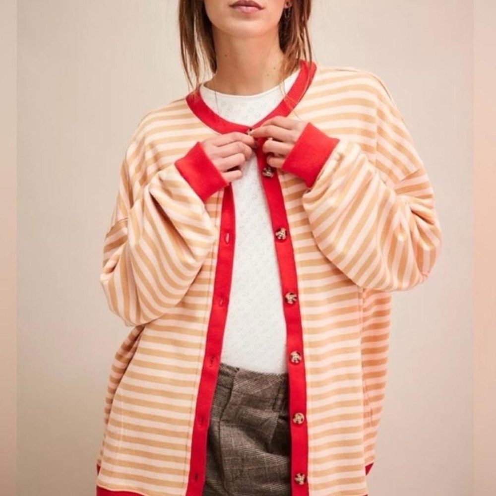 Free People Classic Striped Oversized Cardigan in Beige/Red - M